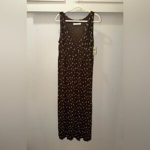 I.Magnin NWT Sleeveless V-Neck Maxi Dress M Brown Leaf Print